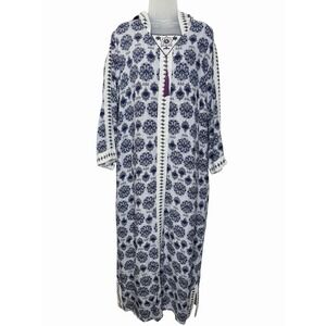 ASA Blue Boho Floral Caftan Hooded Dress L Tassel Tunic Midi Resort Cover Up